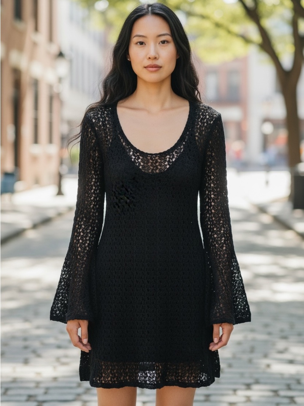Free People Crochet Bell Sleeve Mini Dress